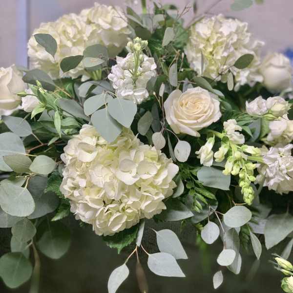 White hydrangeas and roses arranged with eucalyptus greenery
