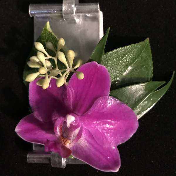 Purple orchid boutonniere with green leaves on a clear clip