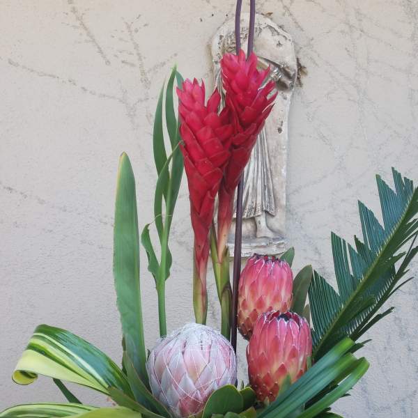 Tropical floral arrangement with red protea and pink blooms