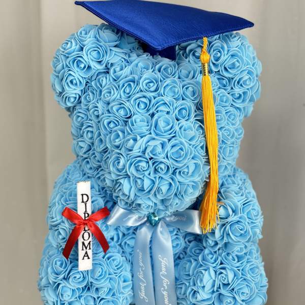 Faux Baby Blue Rose Graduation Teddy Bear