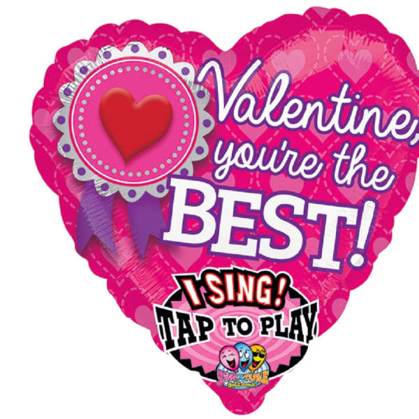 Pink heart-shaped Valentine balloon with text and a red heart graphic
