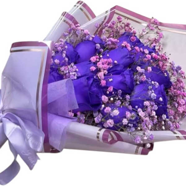 Bouquet of purple roses with pink baby's breath in lavender wrap