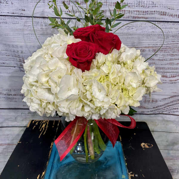 Red roses and white hydrangeas in a glass vase with a red ribbon