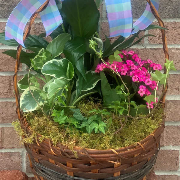 Basket planter with pink flowers and a pastel plaid bow