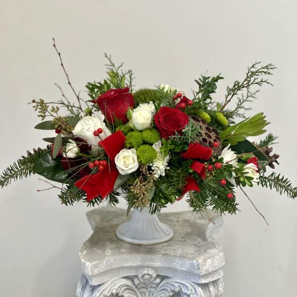 Holiday Harmony Centerpiece by Westford Florist Art by Veny