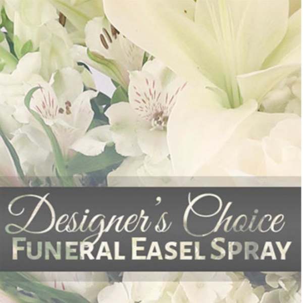 White funeral easel spray with lilies and alstroemeria
