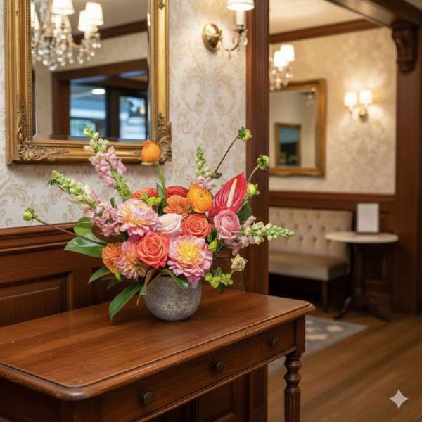 Colorful bouquet in a gray vase on a wooden table