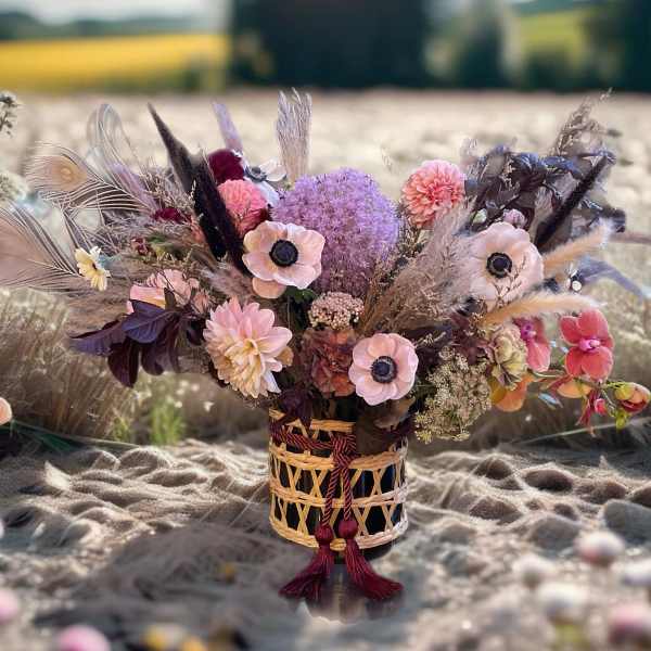 Dried floral arrangement in a woven vase with pink and purple blooms