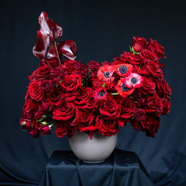 Red rose arrangement in a white vase with dark red calla lilies