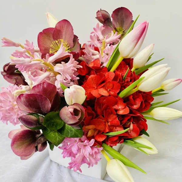 Bouquet of red and pink flowers with white tulip buds in a white container