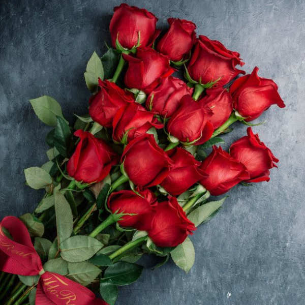 Bouquet of red roses with a red ribbon on a gray background