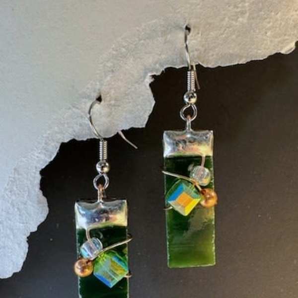 #A081 - Deep Green Stained Glass Earrings