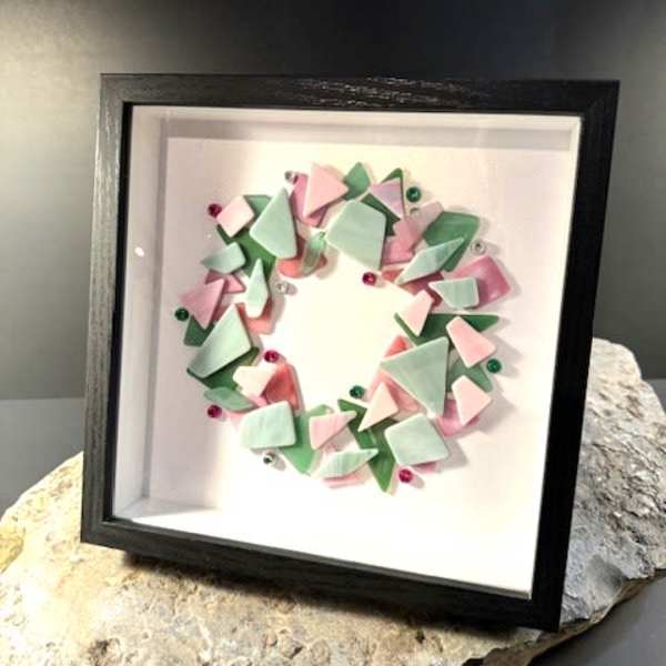#A088 - Framed Pink & Green Tumbled Glass Wreath