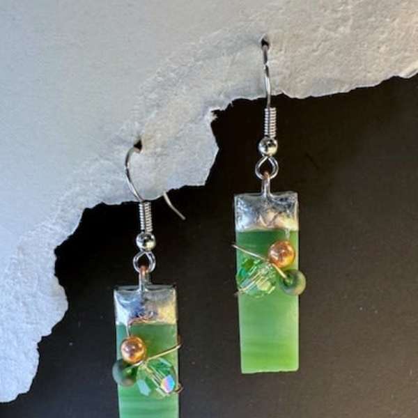 #A006 - Leaf Green Stained Glass Earrings