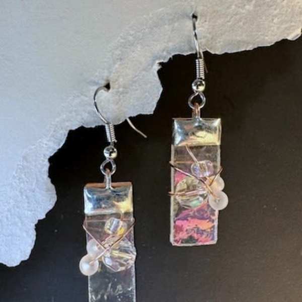 #A067 - Clear Iridized Stained Glass Earrings