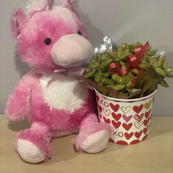 Pink plush unicorn beside a heart-patterned pot of succulents