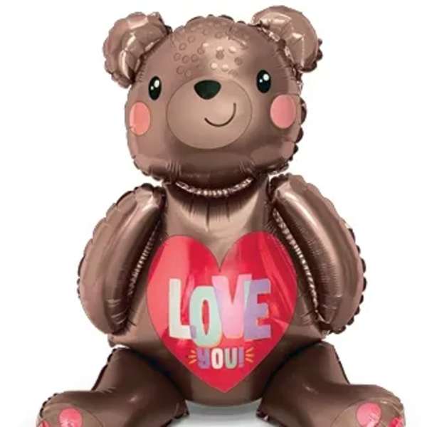 Brown teddy bear balloon holding a heart that says Love You