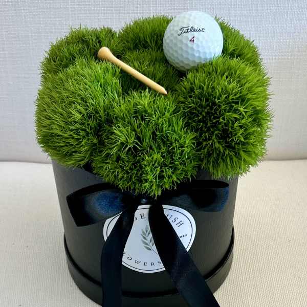 Green moss arrangement in a black box with a golf ball and tee