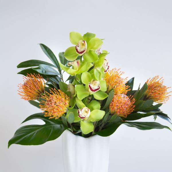 Green orchids and orange pincushion blooms in a white vase