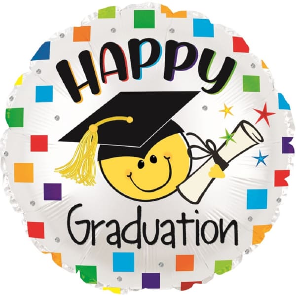 Round graduation balloon with a smiling face and colorful confetti border
