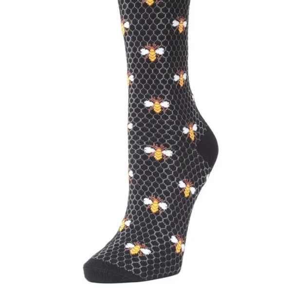 Black sock with a repeating bee pattern