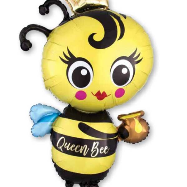 Bee-shaped foil balloon with a crown and "Queen Bee" text