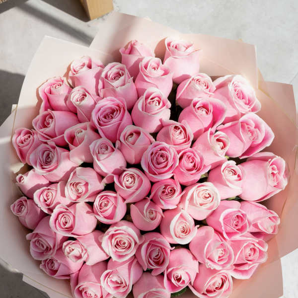 A large bouquet of pink roses wrapped in pale pink paper