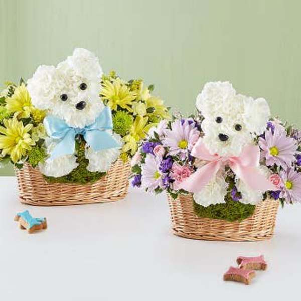 Two teddy bear floral baskets with pastel flowers and ribbons