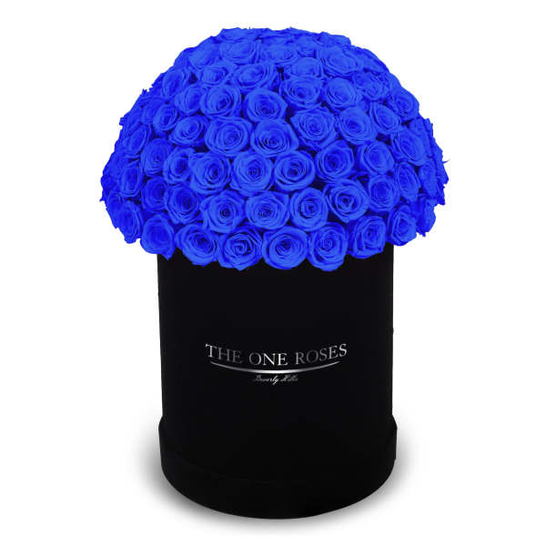 Blue rose bouquet in a black cylindrical box