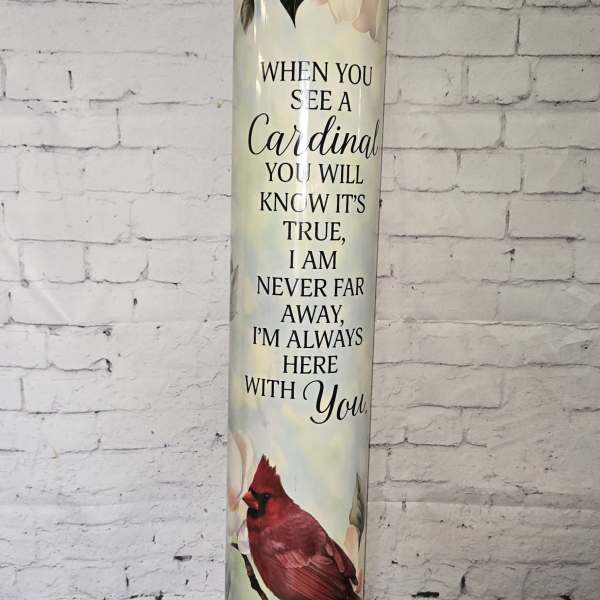 Tall memorial candle with a cardinal and floral print