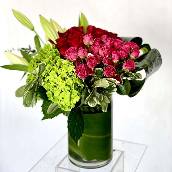 Pink and red roses with green hydrangea in a glass vase