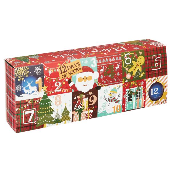 Holiday gift box labeled 12 Days of Socks with Christmas graphics