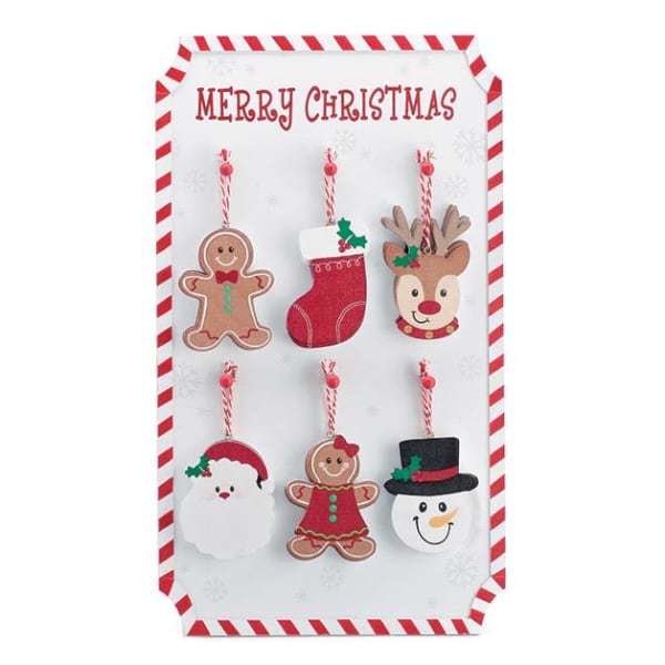 Christmas ornament display with gingerbread, stocking, reindeer, Santa, and snowman designs