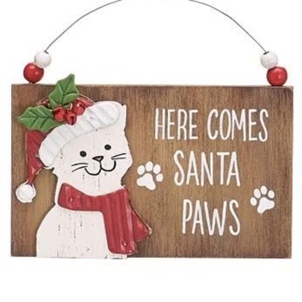 Wooden Christmas sign with a cat in a Santa hat and scarf