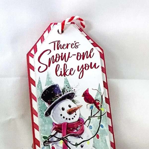 Holiday tag with a snowman, cardinal, and the text "There's snow-one like you"