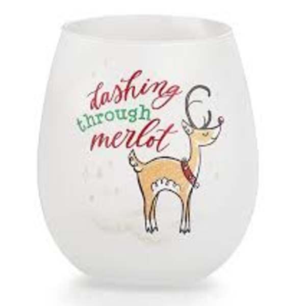 White stemless wine glass with a deer illustration and text