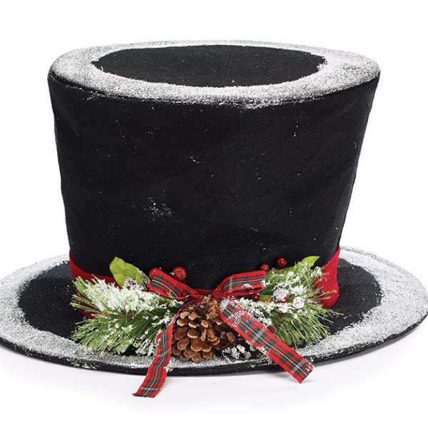 Black top hat with a red plaid ribbon and pinecone decoration