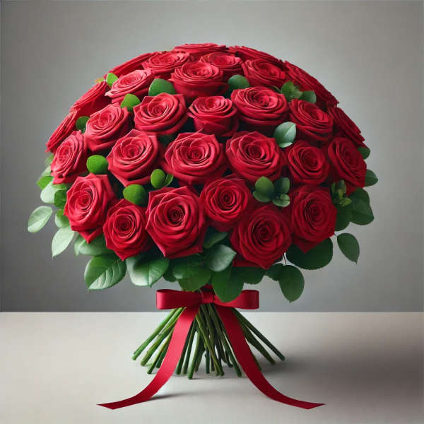 Bouquet of red roses with green leaves tied with a red ribbon