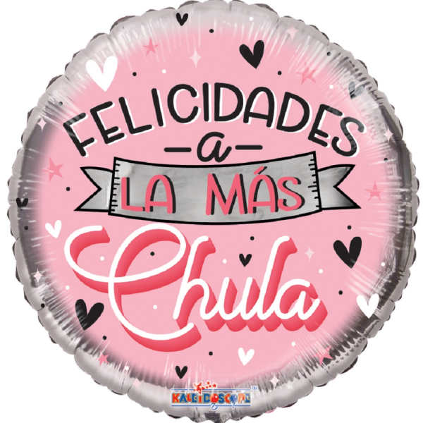 Pink round foil balloon with Spanish text and heart decorations