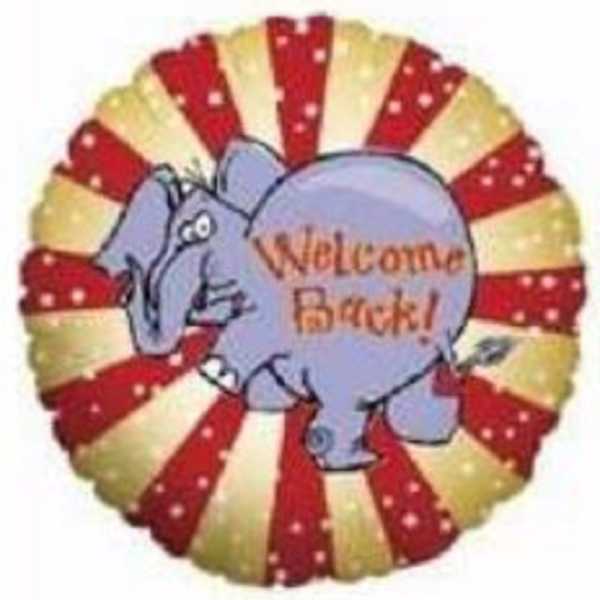 Elephant-shaped balloon with a "Welcome Back!" message