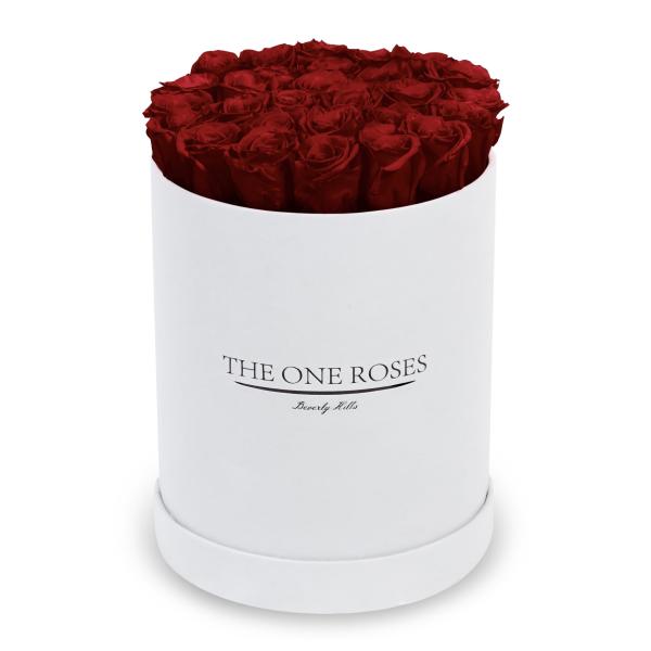 Red roses arranged in a white round box