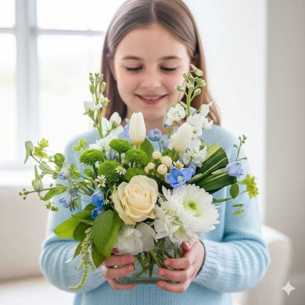 Girl holding a mixed bouquet in a glass vase