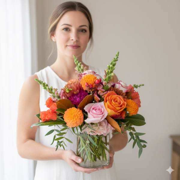 Woman holding a colorful bouquet in a glass vase