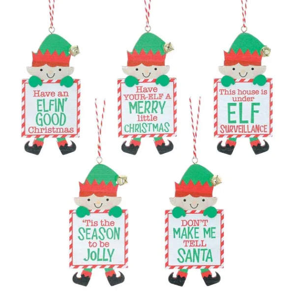 Set of five elf-shaped Christmas hanging signs with festive sayings