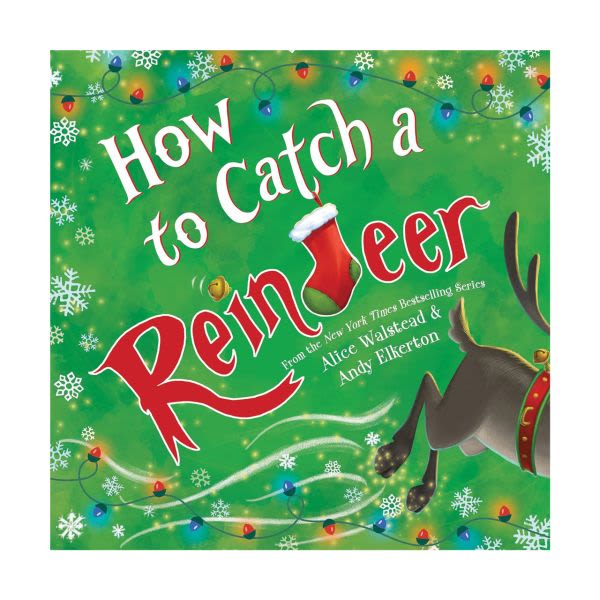 Christmas book cover with green background, snowflakes, lights, and a reindeer