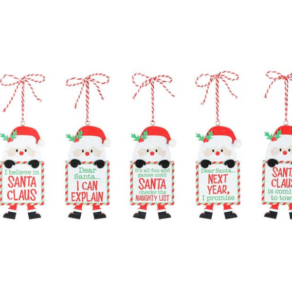 Set of five Santa Claus hanging ornaments with holiday sayings