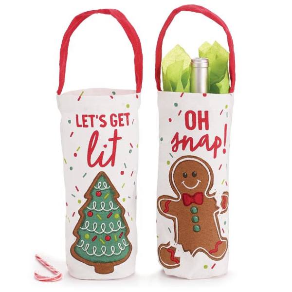 Two holiday wine bottle gift bags with festive Christmas designs
