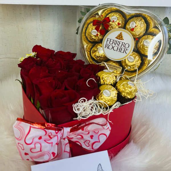 Red roses with Ferrero Rocher chocolates in a heart-shaped gift box