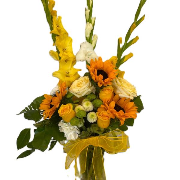 Yellow and white floral arrangement with sunflowers and roses