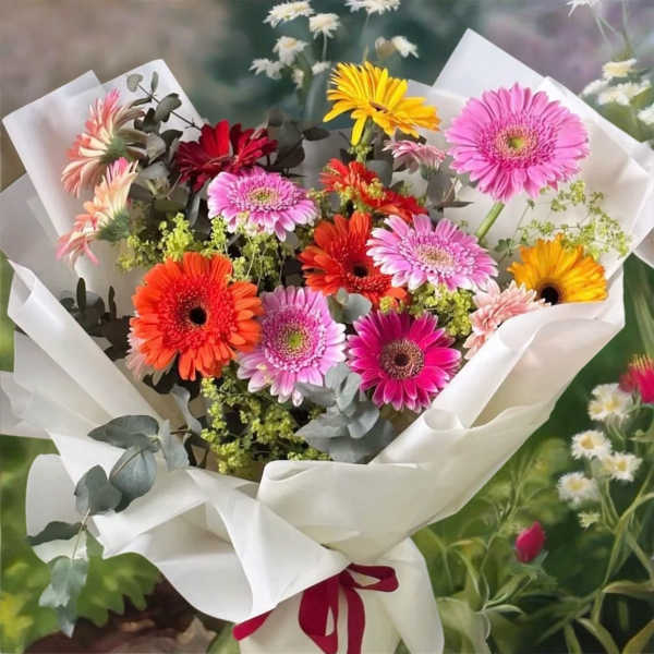 Bouquet of colorful gerbera daisies wrapped in white paper